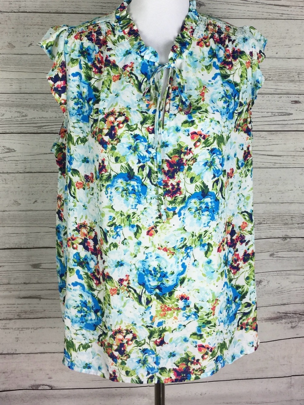 Counterparts Women’s Multicolor Floral Flutter Sleeve Tie Neck Top Size XL